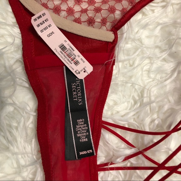 Victoria’s Secret 34DD (34E) LUXE Red Unlined Plunge Bra Embroidered She… - Picture 6 of 7